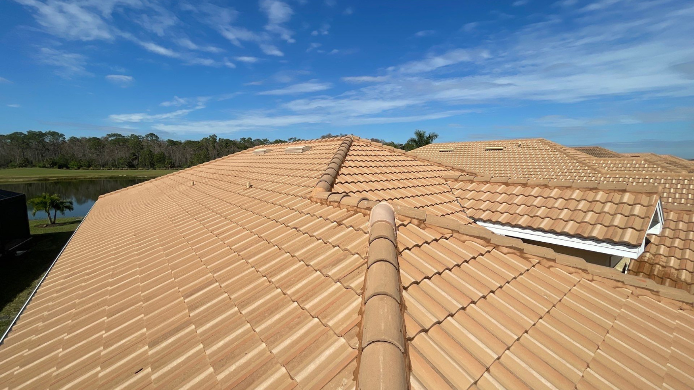 tan tile roof softwashed, blue skies